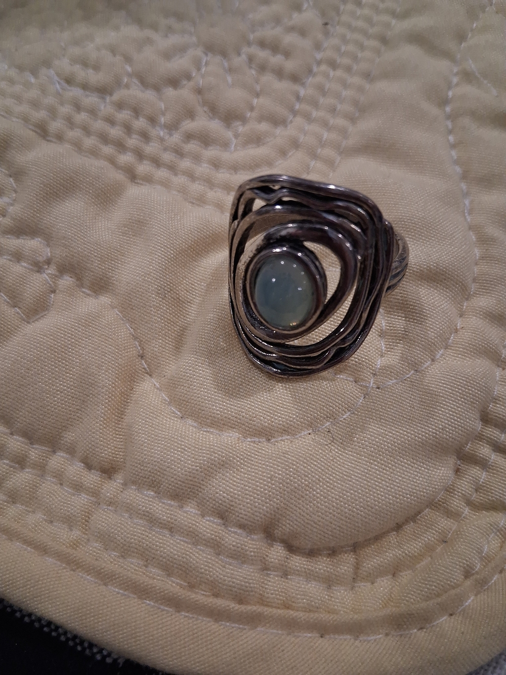 Silvertone Swirl Ring with Blue-Green Cabochon